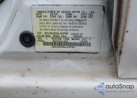 2006 Nissan Sentra 1.8S из США, поврежденный, VIN 3N1CB51D26L510984